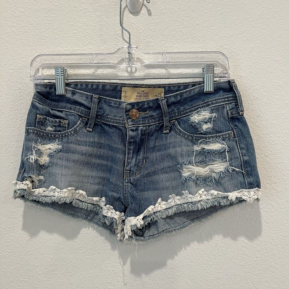 Hollister Denim Booty Shorts Y2K Micro Mini Blue Low Rise Women sz 1 W 25 Croche